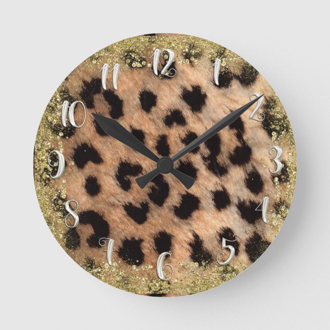 Reloj Redondo Mediano Estampa Animal Guepardo Leopardo Brillante Dorado  (Anverso)