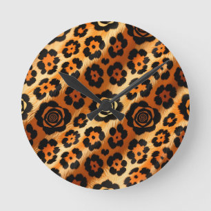 Reloj Redondo Mediano Estampa Animal Rosa Leopardo Dorado