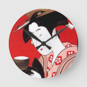 Reloj Redondo Mediano Estampa de arte de ceremonia de té de dama japones