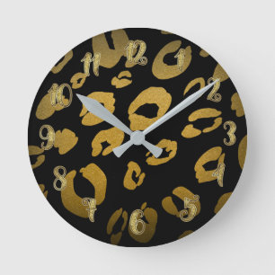 Reloj Redondo Mediano Estampado Animal Guepardo Leopardo Negro y Dorado