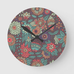 Reloj Redondo Mediano Estampado de flores colorido en estilo del dibujo