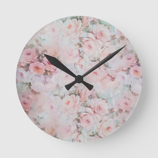 Reloj Redondo Mediano Estampado de flores verde azulado rosado bohemio (Anverso)