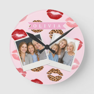 Reloj Redondo Mediano Estampado de labios con patrón de leopardo rosa ch
