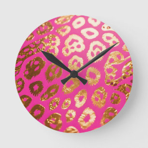 Reloj Redondo Mediano Estampado de leopardo dorado rosa caliente Glam