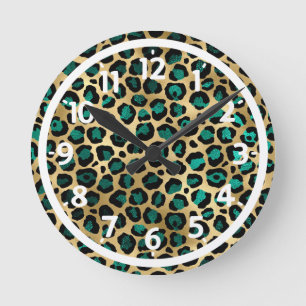 Reloj Redondo Mediano Estampado de leopardo glam dorado y teal