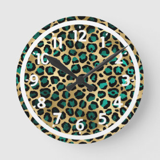 Reloj Redondo Mediano Estampado de leopardo glam dorado y teal