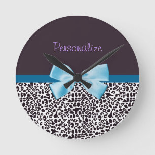 Reloj Redondo Mediano Estampado leopardo de moda y Blue Ribbon con
