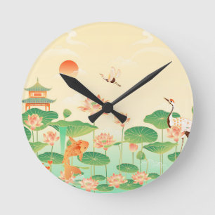 Reloj Redondo Mediano Estanque de Koi y Nenúfares de Jardín Japonés Arte