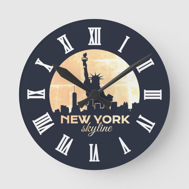 Reloj Redondo Mediano Estatua de la Libertad Nueva York Skyline Silhouet (Anverso)