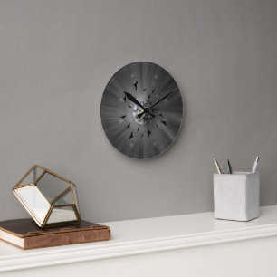 Reloj Redondo Mediano Estético Celestial Luna y Pájaros Místico Monocrom