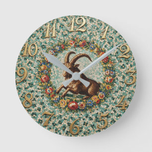 Reloj Redondo Mediano Estilo Antiguo Floral Mosaico Zodiaco Capricorni