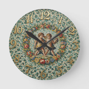Reloj Redondo Mediano Estilo Antiguo Floral Mosaico Zodíaco Géminis