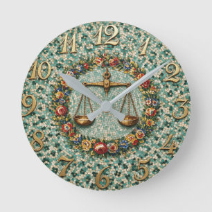Reloj Redondo Mediano Estilo antiguo mosaico floral Zodíaco Libra
