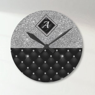 Reloj Redondo Mediano Estilo cristal falso Monograma de diamante negro p