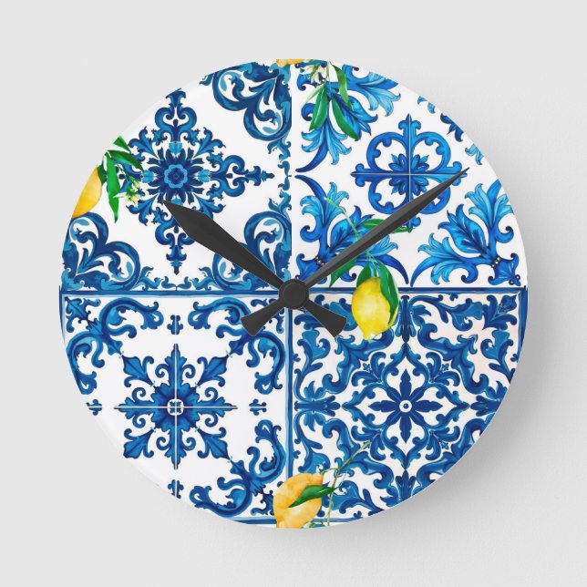Reloj Redondo Mediano estilo italiano, mediterráneo, mosaico, azul, limó (Anverso)
