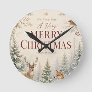 Reloj Redondo Mediano Estilo navideño de animales del bosque caprichoso