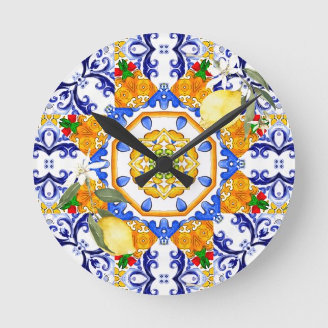 Reloj Redondo Mediano Estilo siciliano, limones, majólica (Anverso)