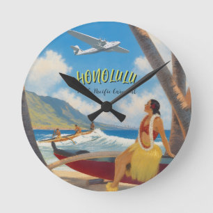 Reloj Redondo Mediano Estilo vintage chica hula viaje hawaiano Honolulu