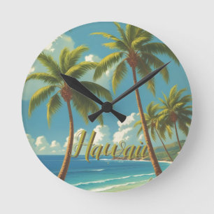 Reloj Redondo Mediano Estilo Vintage De Viaje Hawaiano Aloha De Hawaii