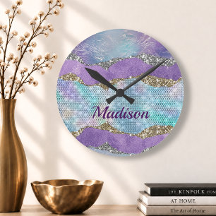 Reloj Redondo Mediano Estiloso monograma de sirena brillante púrpura tur