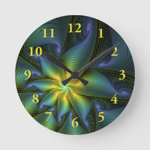 Reloj Redondo Mediano Estrella abstracta, brillante arte azul verde dora
