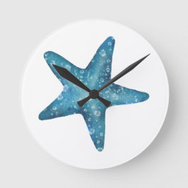Reloj Redondo Mediano Estrella de mar azul acuarela náutica