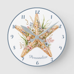 Reloj Redondo Mediano Estrella de Mar Floral Costera Playa Flor