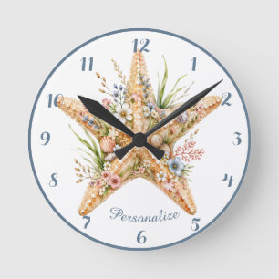 Reloj Redondo Mediano Estrella de Mar Floral Costera Playa Flor