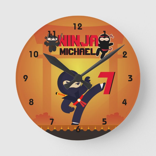 Reloj Redondo Mediano Estrella guerrera de cine de NINJA pateando a los  (Anverso)