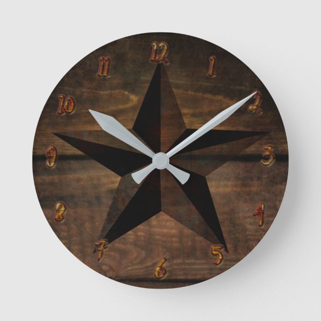 Reloj Redondo Mediano Estrella occidental de madera rústica y agitada (Anverso)