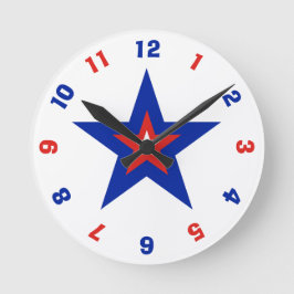 Reloj Redondo Mediano Estrella Patriótica Americana Roja, Blanca y Azul
