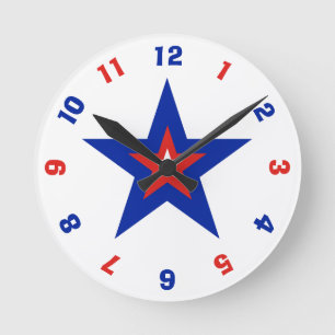 Reloj Redondo Mediano Estrella Patriótica Americana Roja, Blanca y Azul