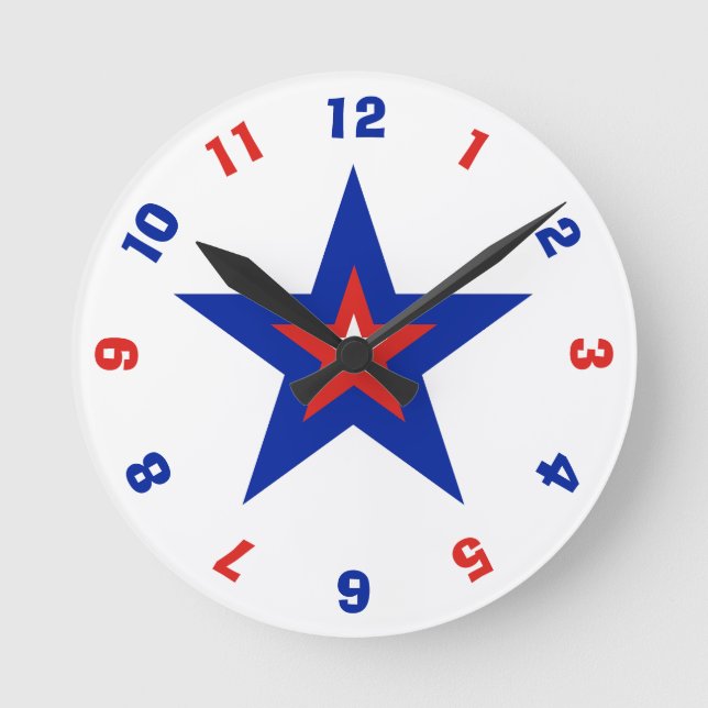 Reloj Redondo Mediano Estrella Patriótica Americana Roja, Blanca y Azul (Anverso)