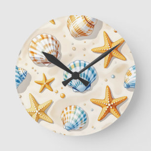 Reloj Redondo Mediano Estrellas de Mar y Conchas de Mar Patrón de Playa