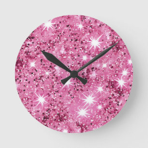 Reloj Redondo Mediano Estrellas de Purpurina de Secuencia Rosa Caliente