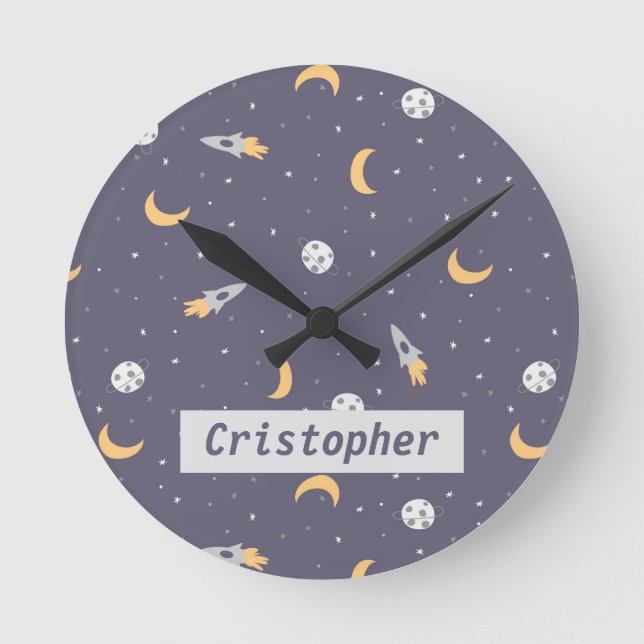 Reloj Redondo Mediano Estrellas del planeta del cohete lunar espacial (Anverso)