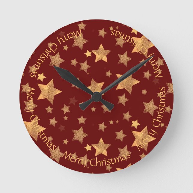 Reloj Redondo Mediano Estrellas doradas rojo oscuro brillante elegante M (Anverso)