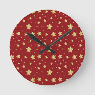 Reloj Redondo Mediano Estrellas doradas sobre fondo rojo