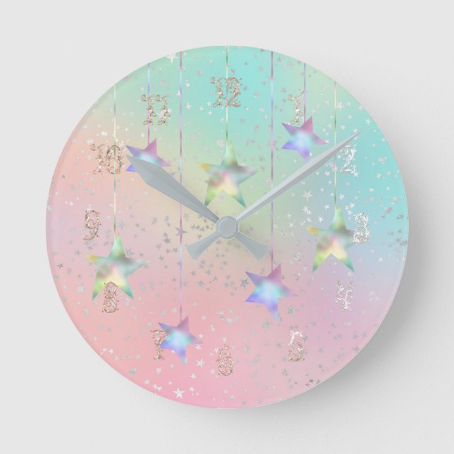 Reloj Redondo Mediano Estrellas holográficas Pastel swirl y cinta linda (Anverso)