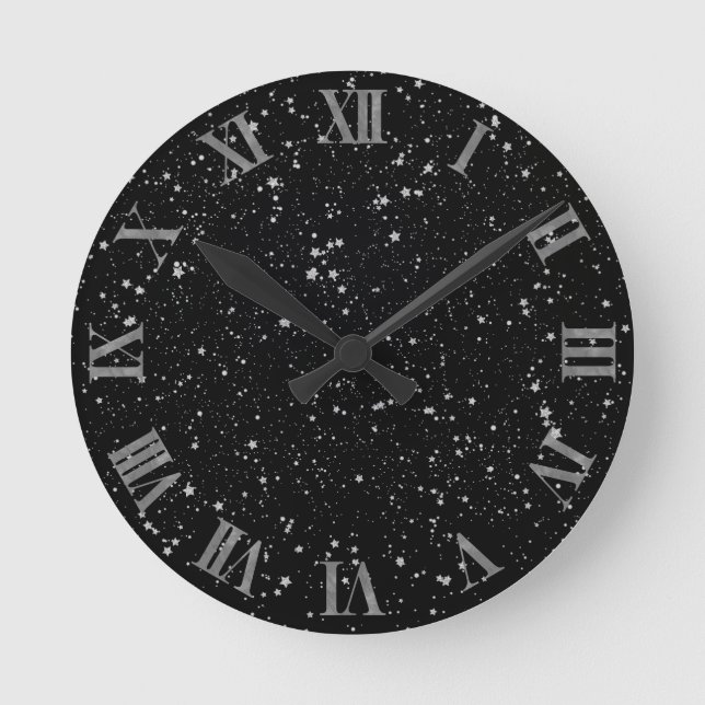 Reloj Redondo Mediano Estrellas purpurinas2 - Negro plateado (Anverso)
