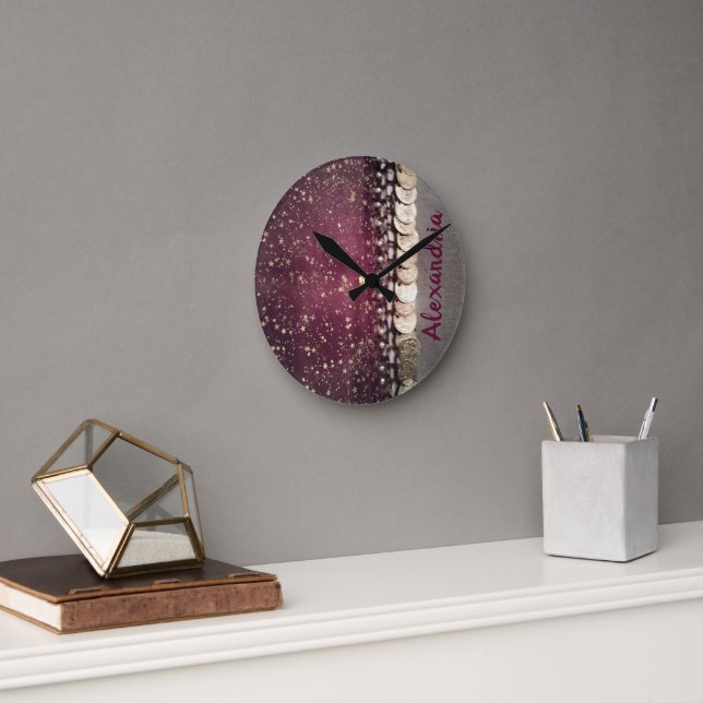 Reloj Redondo Mediano Estrellas Purpurinoso Púrpura Gitana Scarf (Oficina)