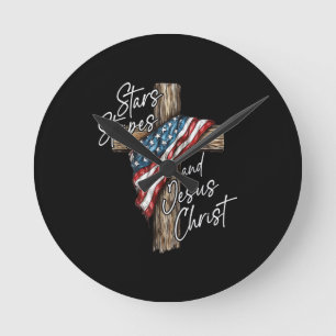 Reloj Redondo Mediano Estrellas Rayas y Jesucristo Fe Patriota