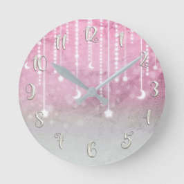 Reloj Redondo Mediano Estrellas y luna celestiales rosadas del
