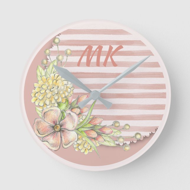 Reloj Redondo Mediano Estribos florales azulados retro-rosados monograma (Anverso)