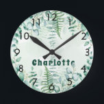 Reloj Redondo Mediano Eucalyptus greenery woodland forest name<br><div class="desc">A green,  white watercolored background. Decorated with eucalyptus greenery foliage and woodland fern. Personalize and add a name.</div>