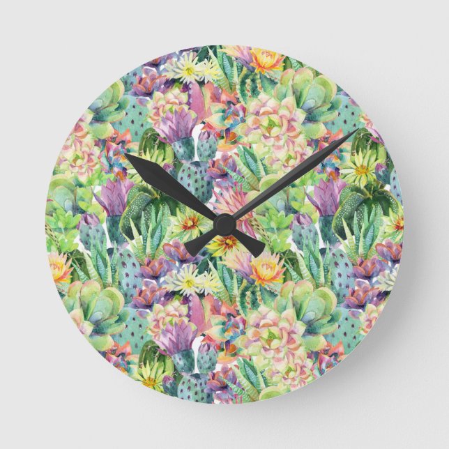 Reloj Redondo Mediano Exotic Blooming Watercolor Cacti Pattern (Anverso)
