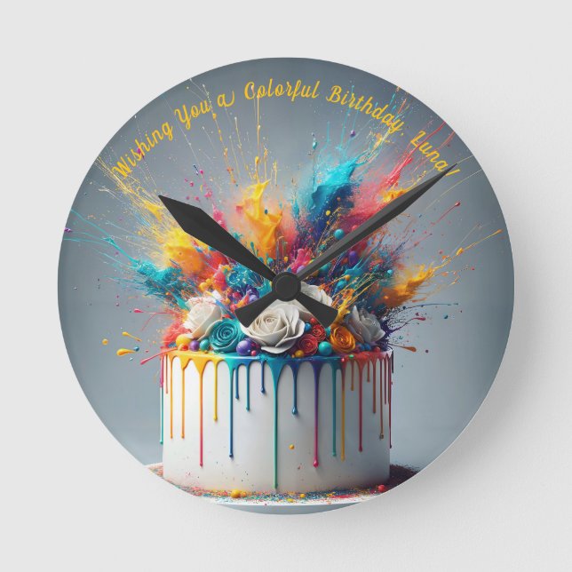 Reloj Redondo Mediano Explosión de Alegría - Feliz Pastel de Cumpleaños (Anverso)