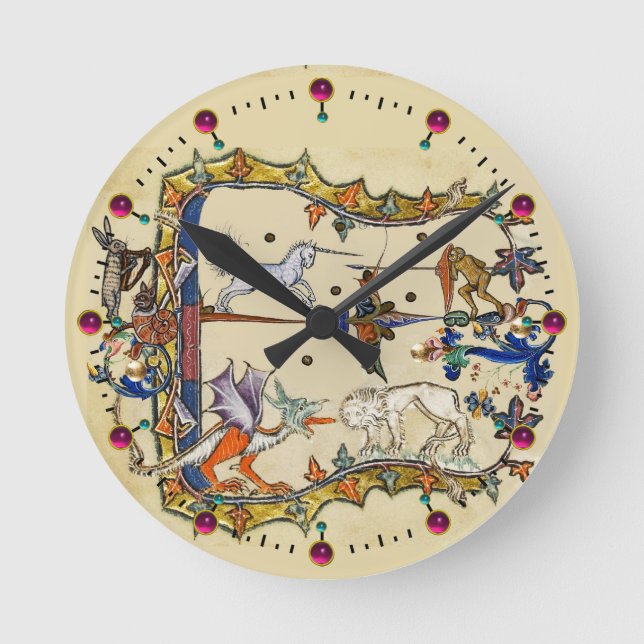 RELOJ REDONDO MEDIANO EXTRAÑO BESTIARIO MEDIEVAL, MONO DE LUCHA UNICORN (Anverso)