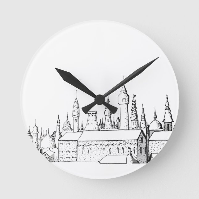 Reloj Redondo Mediano fabulosa ciudad . arte . negro y blanco (Anverso)