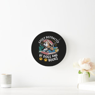 Reloj Redondo Mediano Fácilmente Distraído por Perros y Libros Mascotas